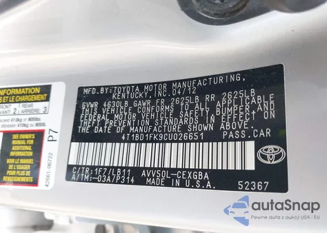 2012 Toyota Camry Hybrid Xle from USA, damaged, VIN 4T1BD1FK9CU026651